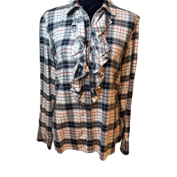Tommy Hilfiger | Red and Blue Plaid Button Down Ruffled Shirt | Sz L - Picture 1 of 9
